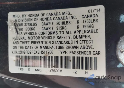2014 Honda Civic Lx from USA, damaged, VIN 2HGFB2F5XEH511206
